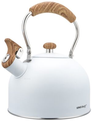 Czajnik z gwizdkiem, 2,5L, biały, z drewnianą rączką, KINGHoff