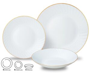 Talerze szklane, zestaw 18 elementów (obiadowe, deserowe, do zupy), opal, biały ze złotym zdobieniem, KINGHoff