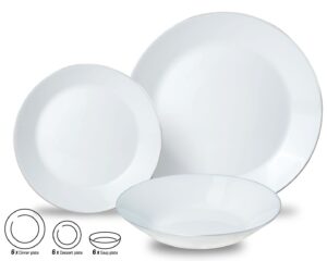 Talerze szklane, zestaw 18 elementów (obiadowe, deserowe, do zupy), opal, biały ze srebrnym zdobieniem, KINGHoff