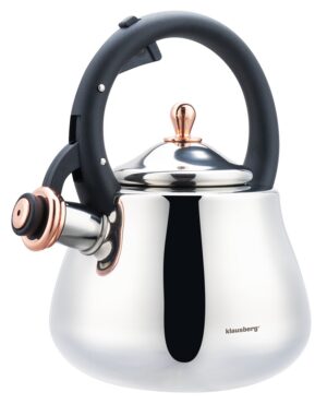 Czajnik ze stali nierdzewnej z gwizdkiem, srebrny z elementami różowego złota, pojemność 2,8L, Klausberg