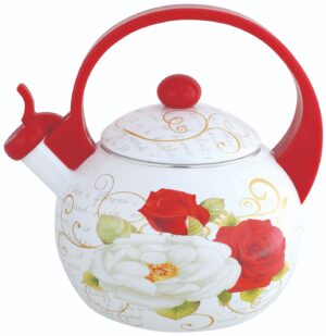 Czajnik z gwizdkiem, stal emaliowana, wzór - czerwone i białe róże, 2l, KINGHoff