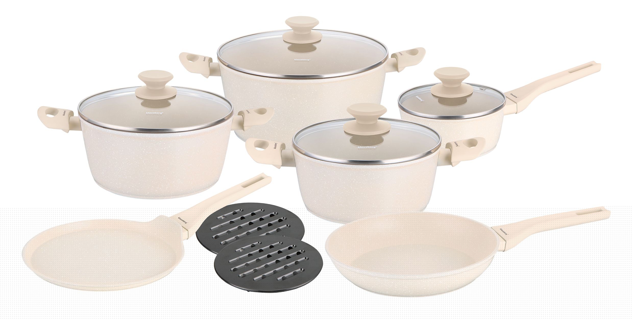 Zestaw garnków, 12 elementów, aluminium z powłoką markurkową, kremowe, Klausberg