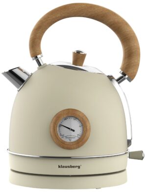 Czajnik elektryczny z termometrem, stal nierdzewna, kremowy z drewnem, 1,8l, 1850-2200W, Klausberg